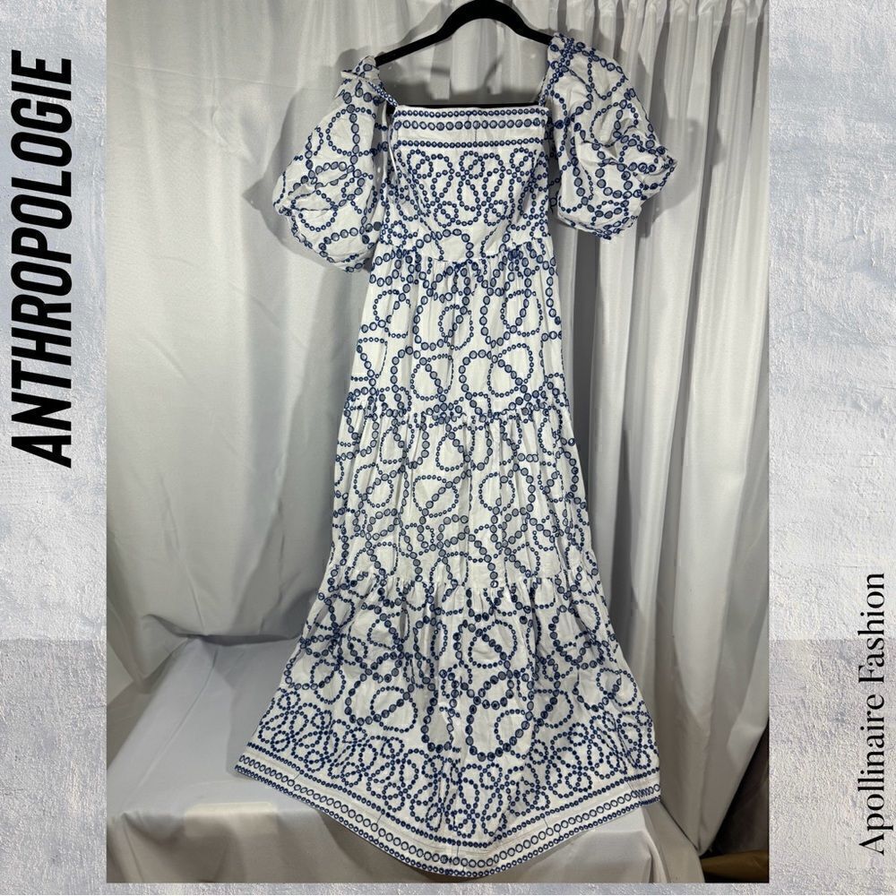 ANTHROPOLOGIE PUFF SLEEVES EYELET MAXI DRESS IN BLUE WHITE NWOT - Picture 6 of 10
